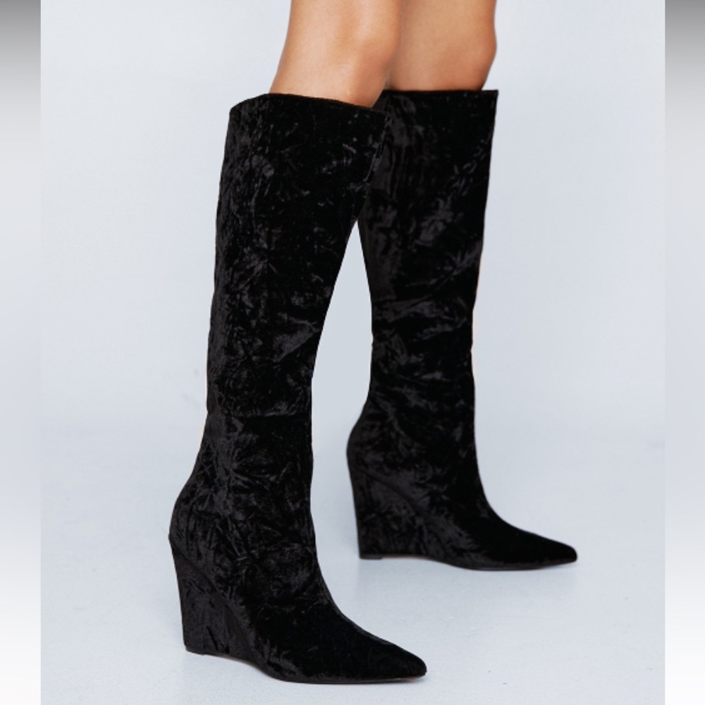 Velvet Pointed Toe Wedge Knee High Boot